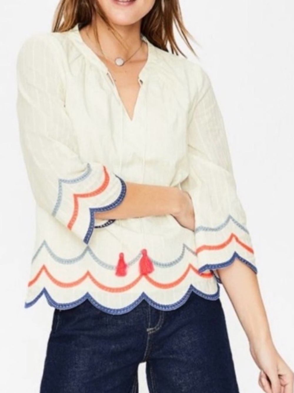 Boden Willa Embroidered Scallop Hem Blouse *missing tassel*